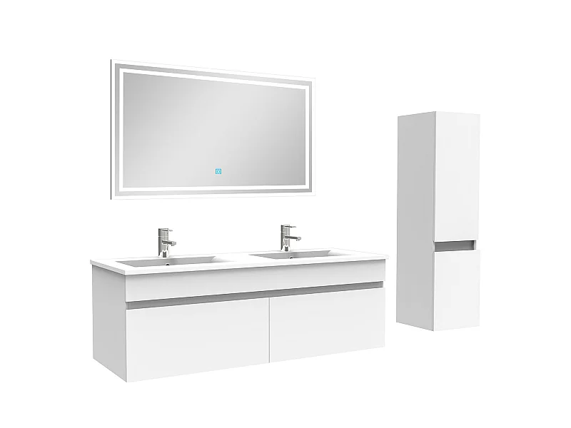 Meuble Salle de Bain 120cm blanc avec colonne et miroir lumineux, Aica