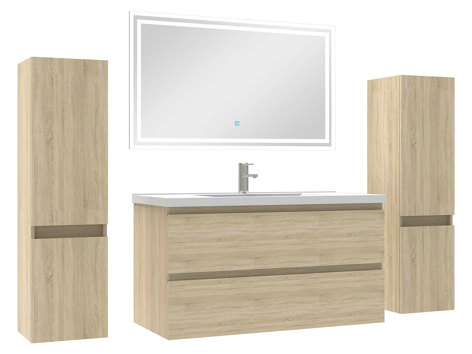Ensemble meubles Salle de Bain 100cm avec colonnex2 + miroir lumineux Chêne Wotan