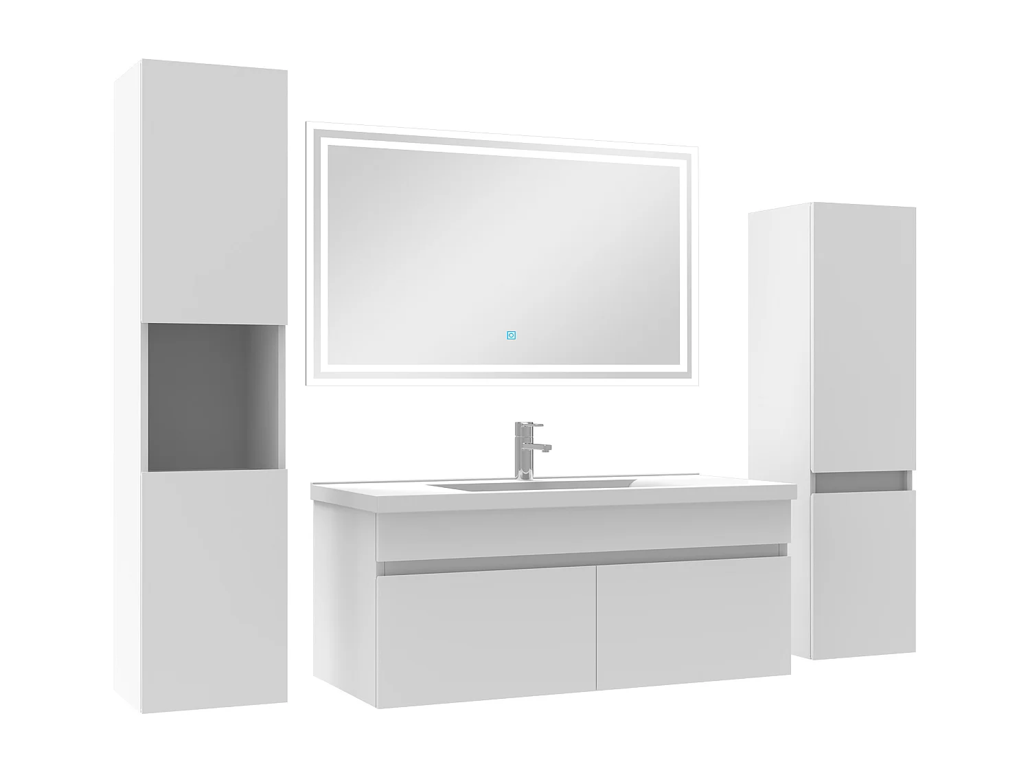 Meuble Salle de Bain Blanc 100cm simple vasque + colonne + miroir LED