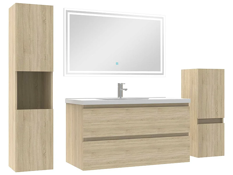 Ensemble meubles Salle de Bain 100cm vasque et colonnex2 et miroir Chêne Wotan