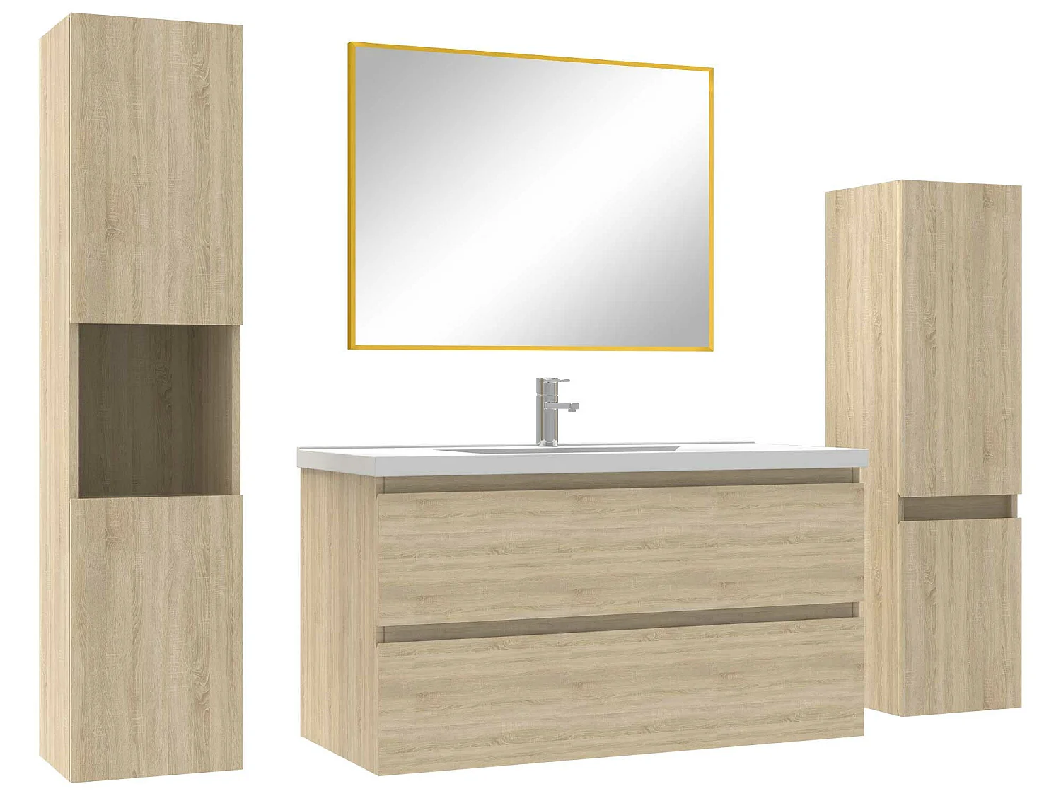 Ensemble meubles Salle de Bain 100cm vasque + colonne + miroir mural Chêne Wotan