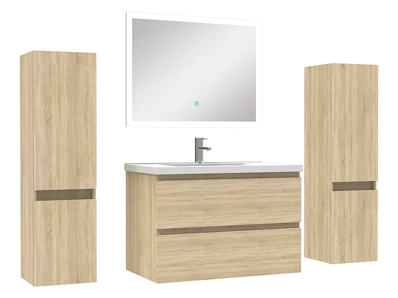 Ensemble meubles Salle de Bain 80cm vasque + colonnex2 + LED miroir Chêne Wotan