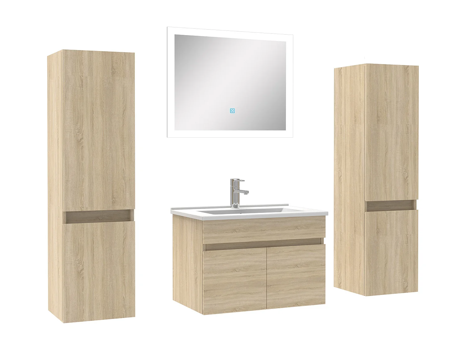 Ensemble meuble simple vasque L.60cm avec colonne + miroir Chêne Wotan