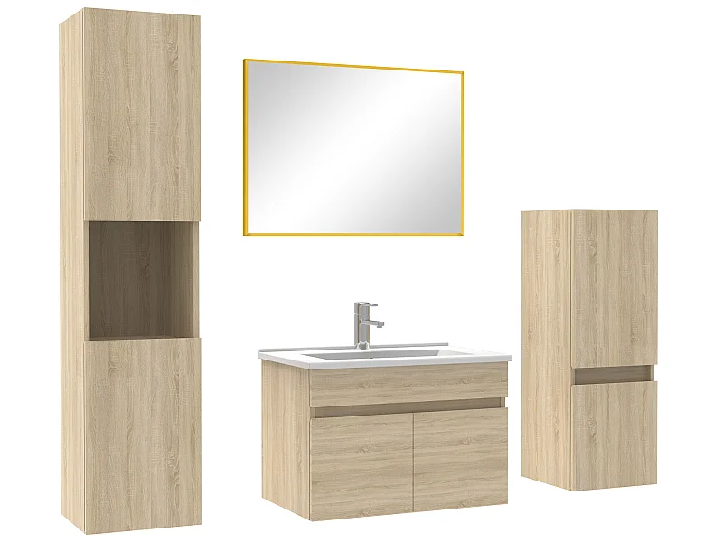 Ensemble meubles Salle de Bain 60cm avec colonne + miroir mural Chêne Wotan