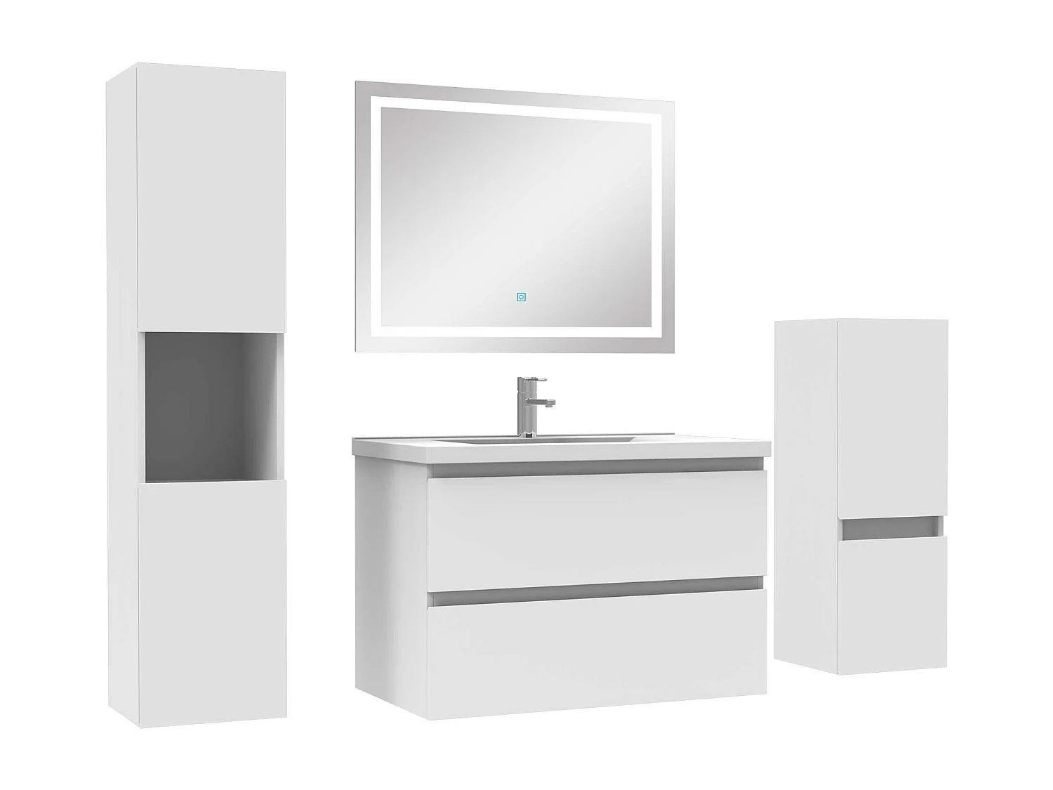 Ensemble meubles Salle de Bain 80cm simple vasque + colonne + miroir LED Blanc