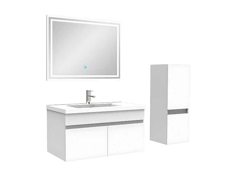 Ensemble Salle De Bain 80cm meuble blanc avec colonne et miroir lumineux, Aica