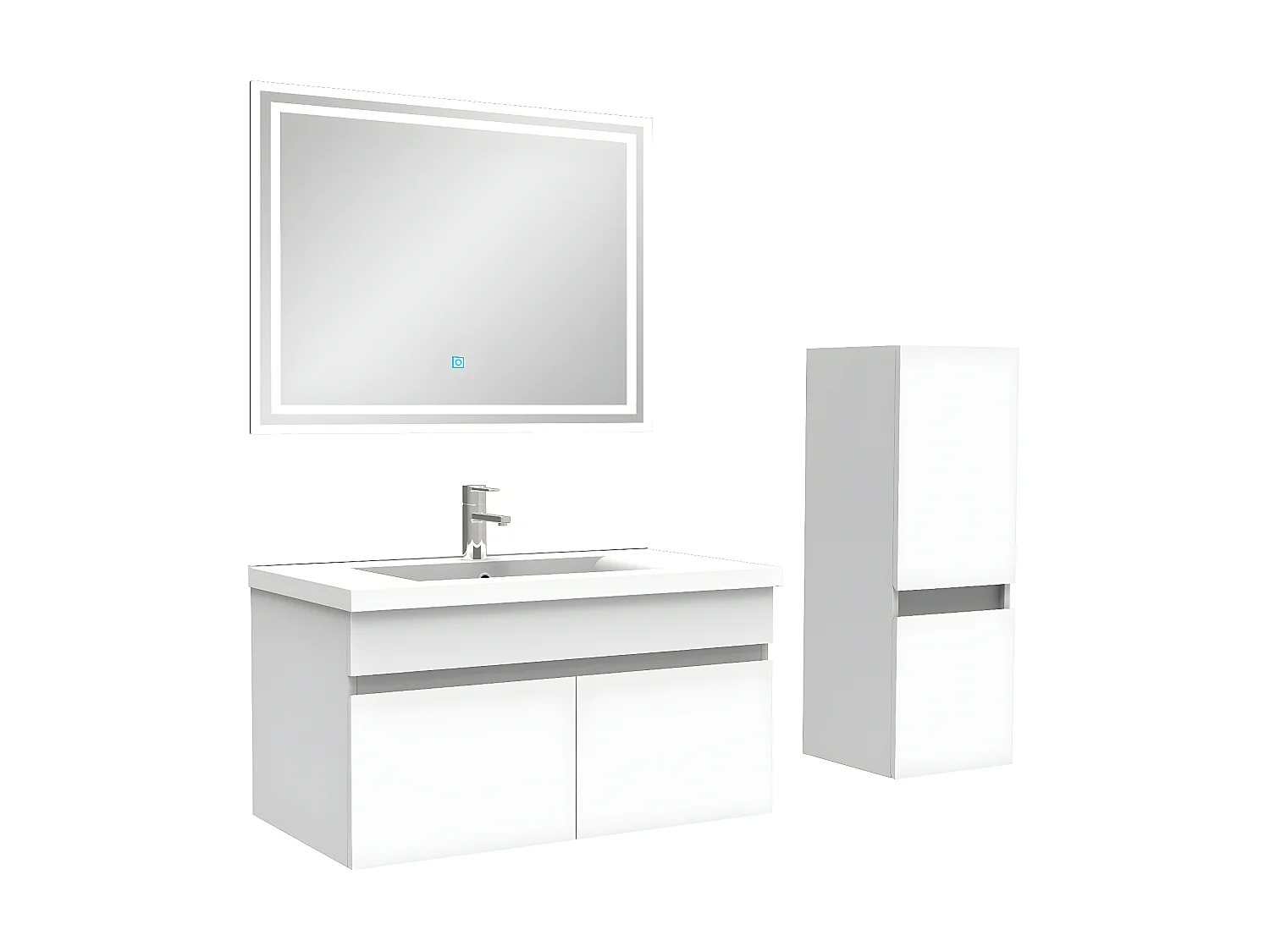 Ensemble Salle De Bain 80cm meuble blanc avec colonne et miroir lumineux, Aica