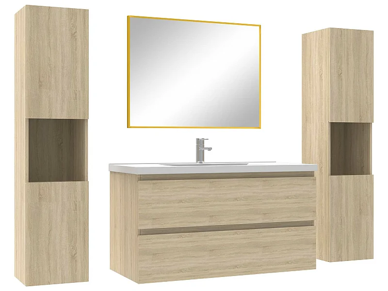 Ensemble meubles Salle de Bain avec colonne et miroir mural 100cm meuble Chêne Wotan