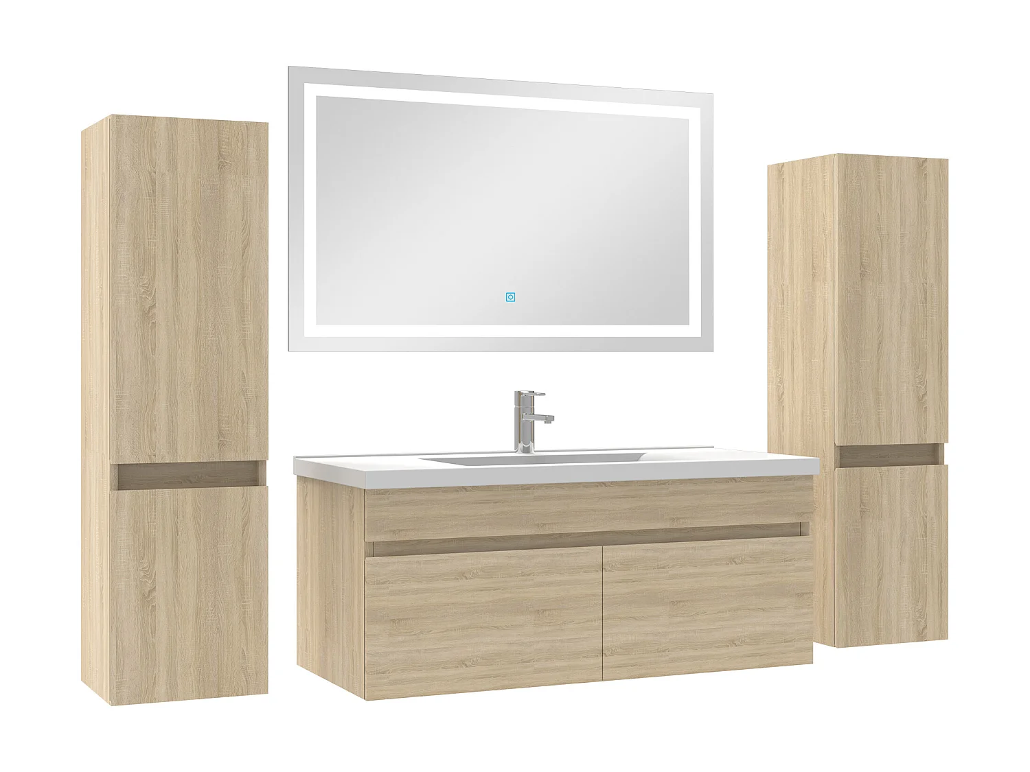 Meuble Salle de Bain 100cm vasque + colonne + miroir lumineux Chêne Wotan