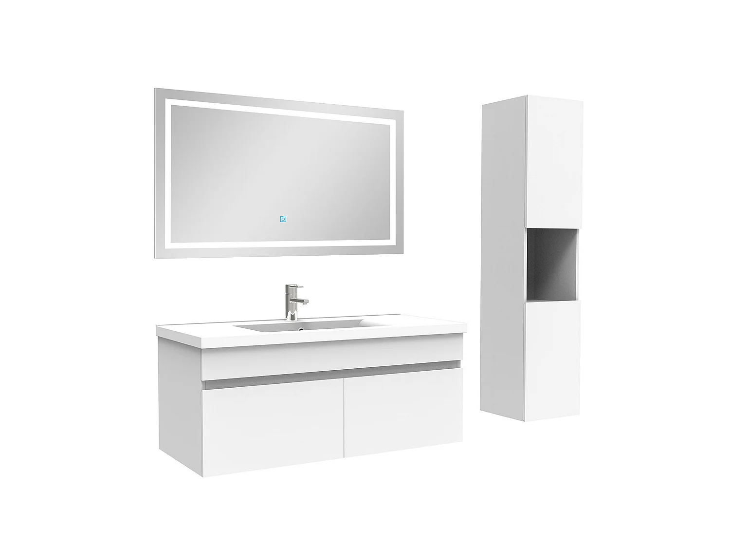 Ensemble meuble salle de bain + vasque + miroir lumineux + colonne 100cm Blanc,Aica