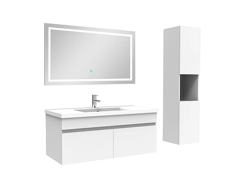 Ensemble meuble salle de bain + vasque + miroir lumineux + colonne 100cm Blanc,Aica
