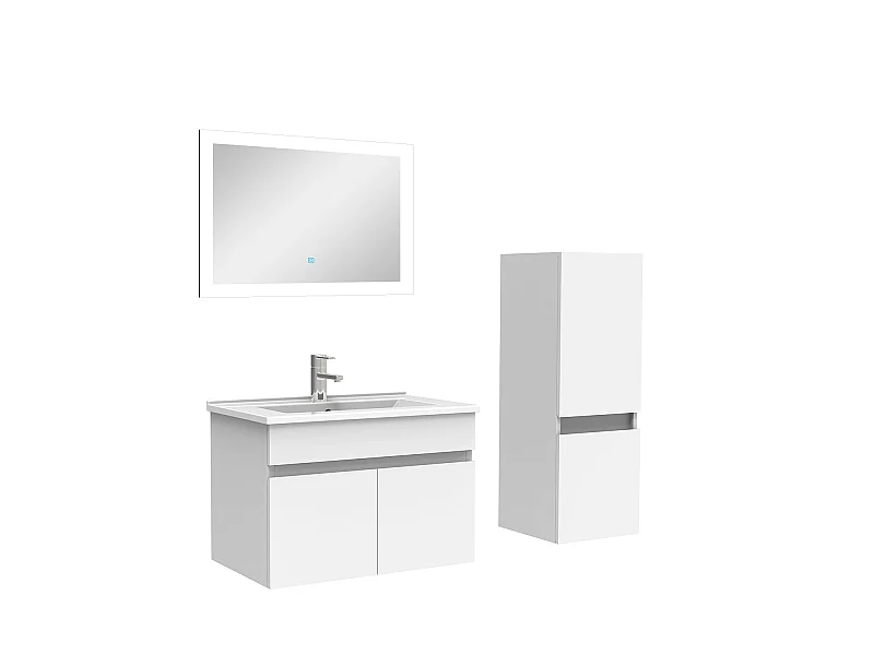 Ensemble Salle De Bain simple vasque 60cm meuble blanc avec colonne et miroir, Aica