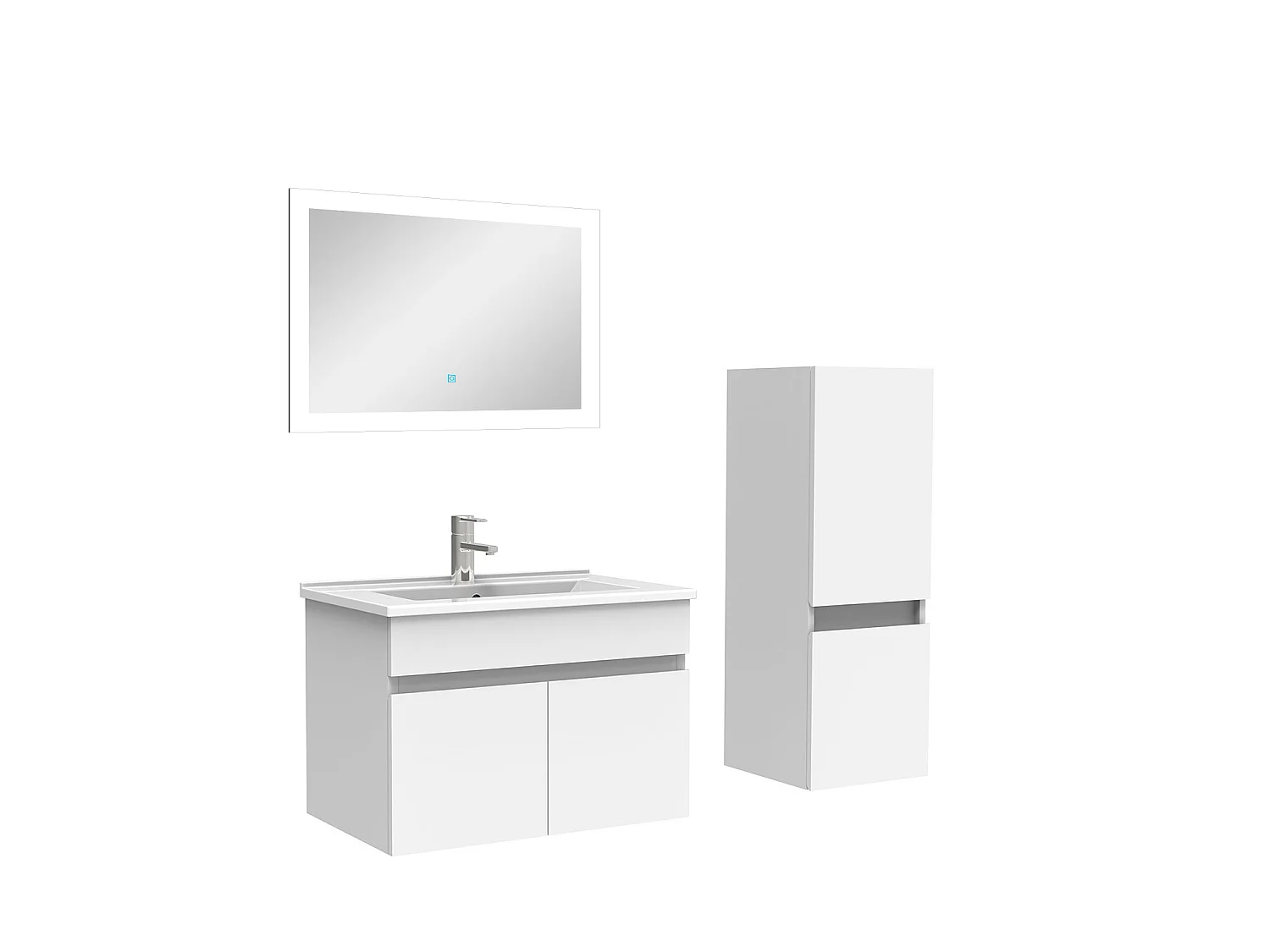 Ensemble Salle De Bain simple vasque 60cm meuble blanc avec colonne et miroir, Aica