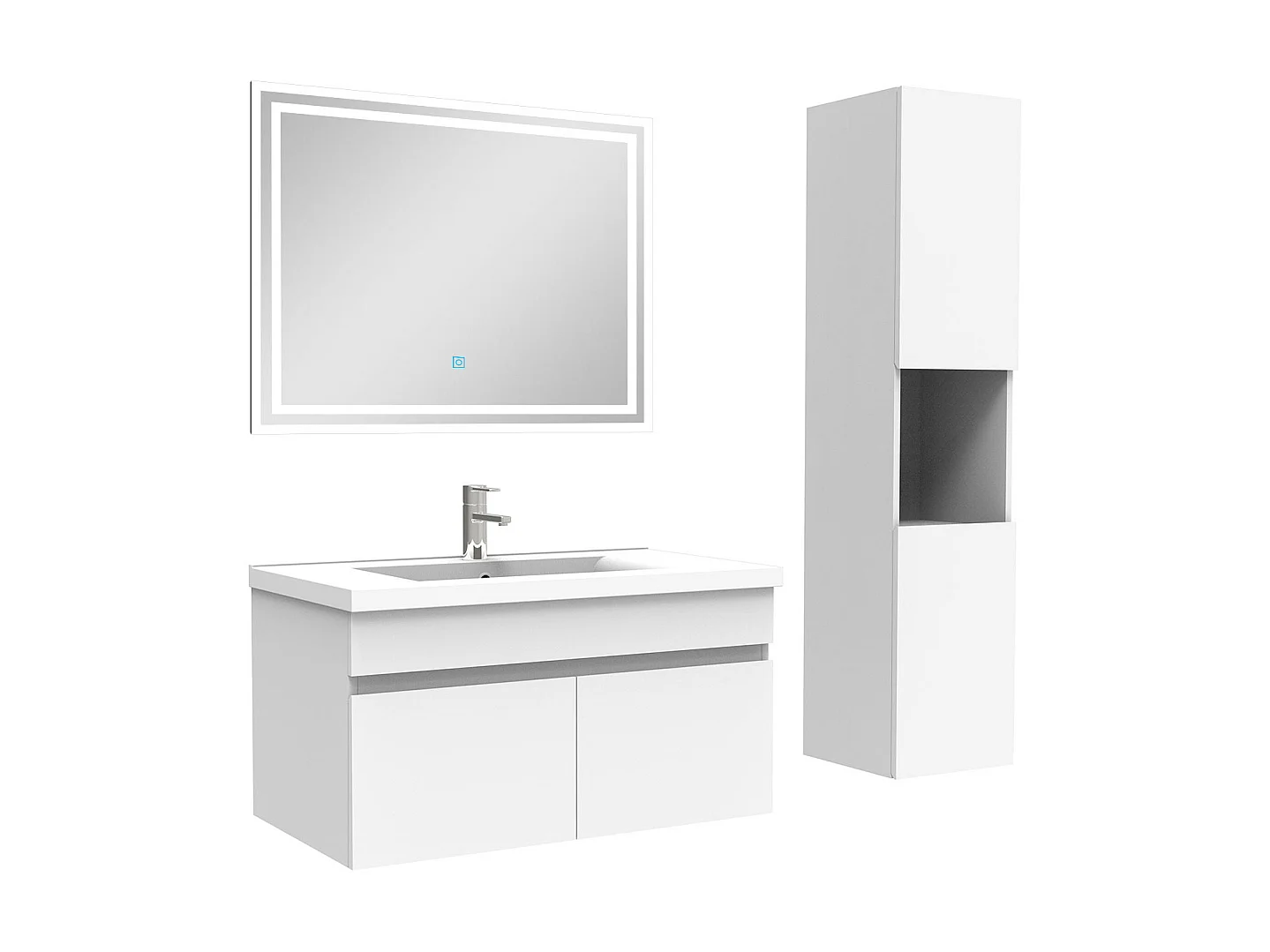 Meuble Salle de Bain 80cm blanc avec colonne + miroir lumineux, Aica