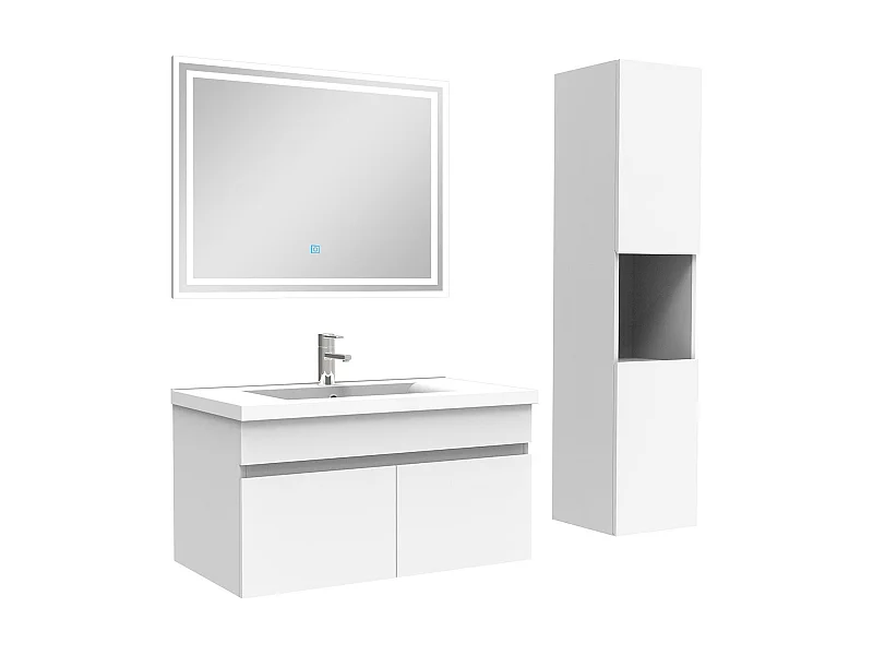 Meuble Salle de Bain 80cm blanc avec colonne + miroir lumineux, Aica