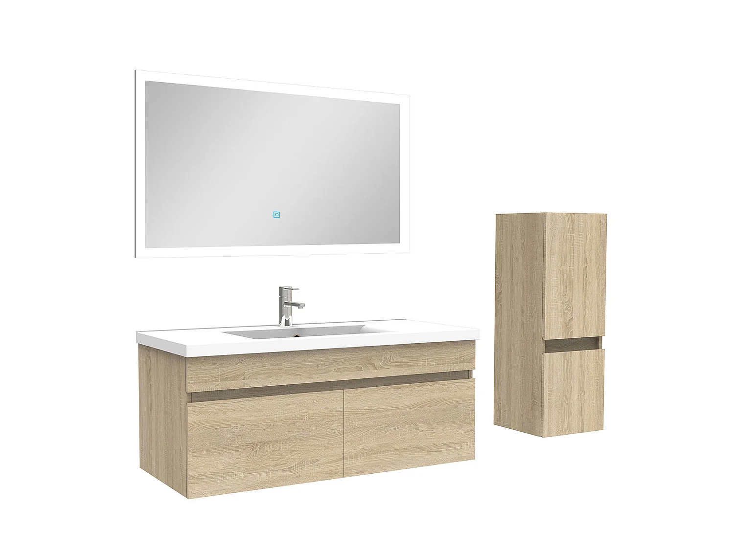 Ensemble Salle De Bain simple vasque 100cm meuble Chêne Wotan avec colonne et miroir, Aica