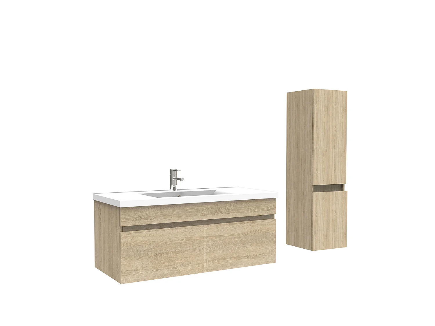 Meuble Salle de Bain avec colonne 100cm Chêne Wotan avec vasque ceramique, Aica