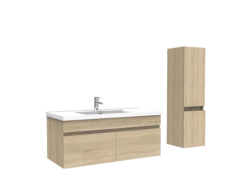 Meuble Salle de Bain avec colonne 100cm Chêne Wotan avec vasque ceramique, Aica