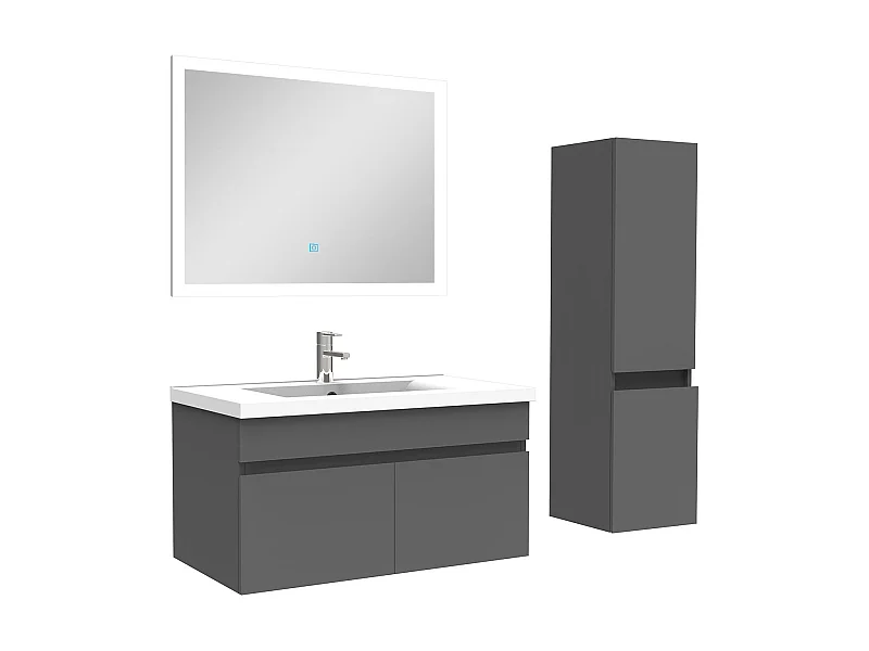 Ensemble Salle De Bain simple vasque avec colonne et miroir 80cm meuble Anthracite, Aica