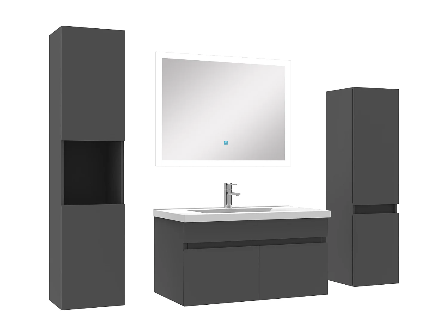 Ensemble meuble vasque 80cm + colonne de rangement + miroir lumineux Anthracite