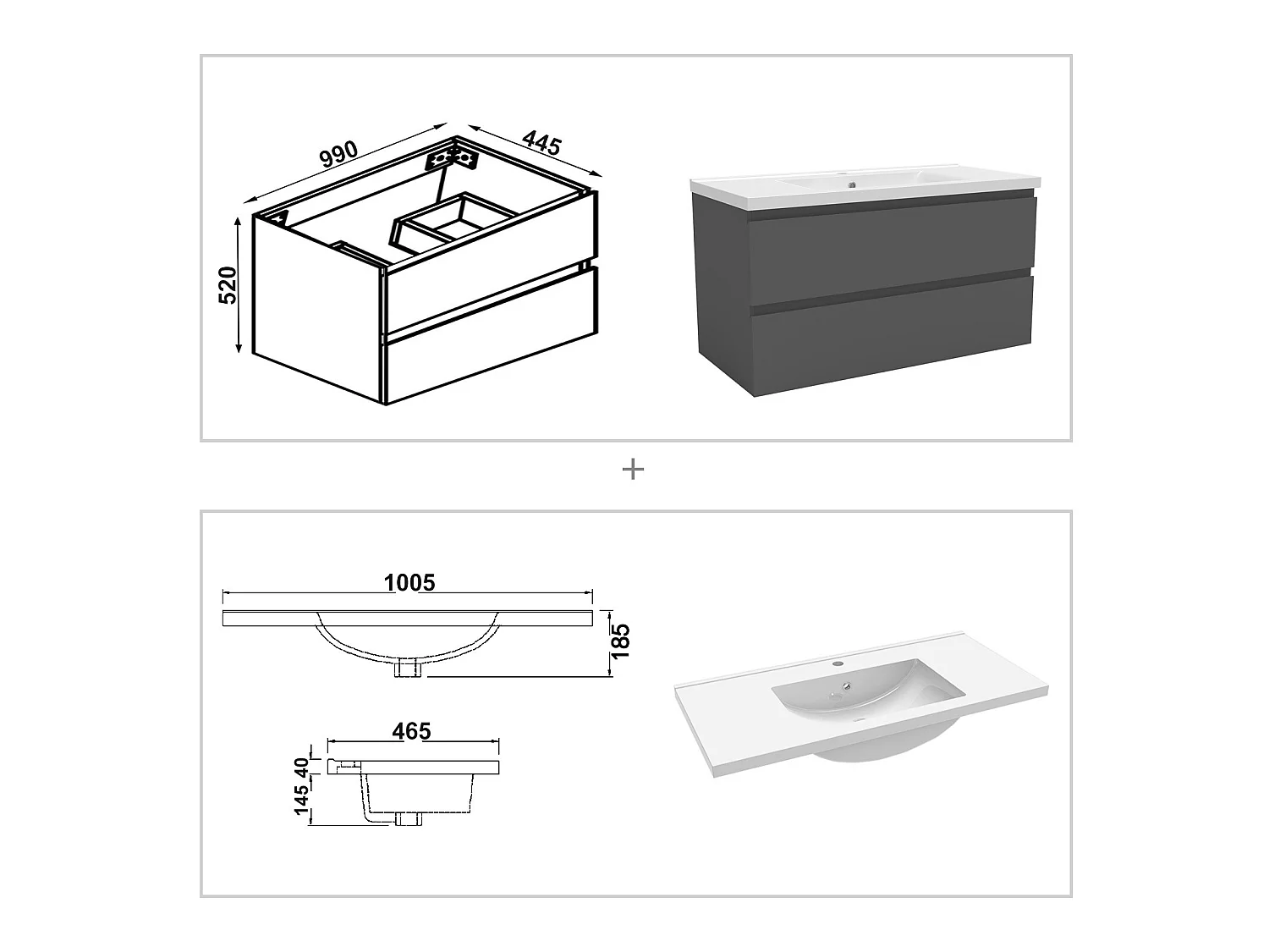 Ensemble meubles Salle de Bain 100cm vasque + colonne + miroir lumineux Anthracite