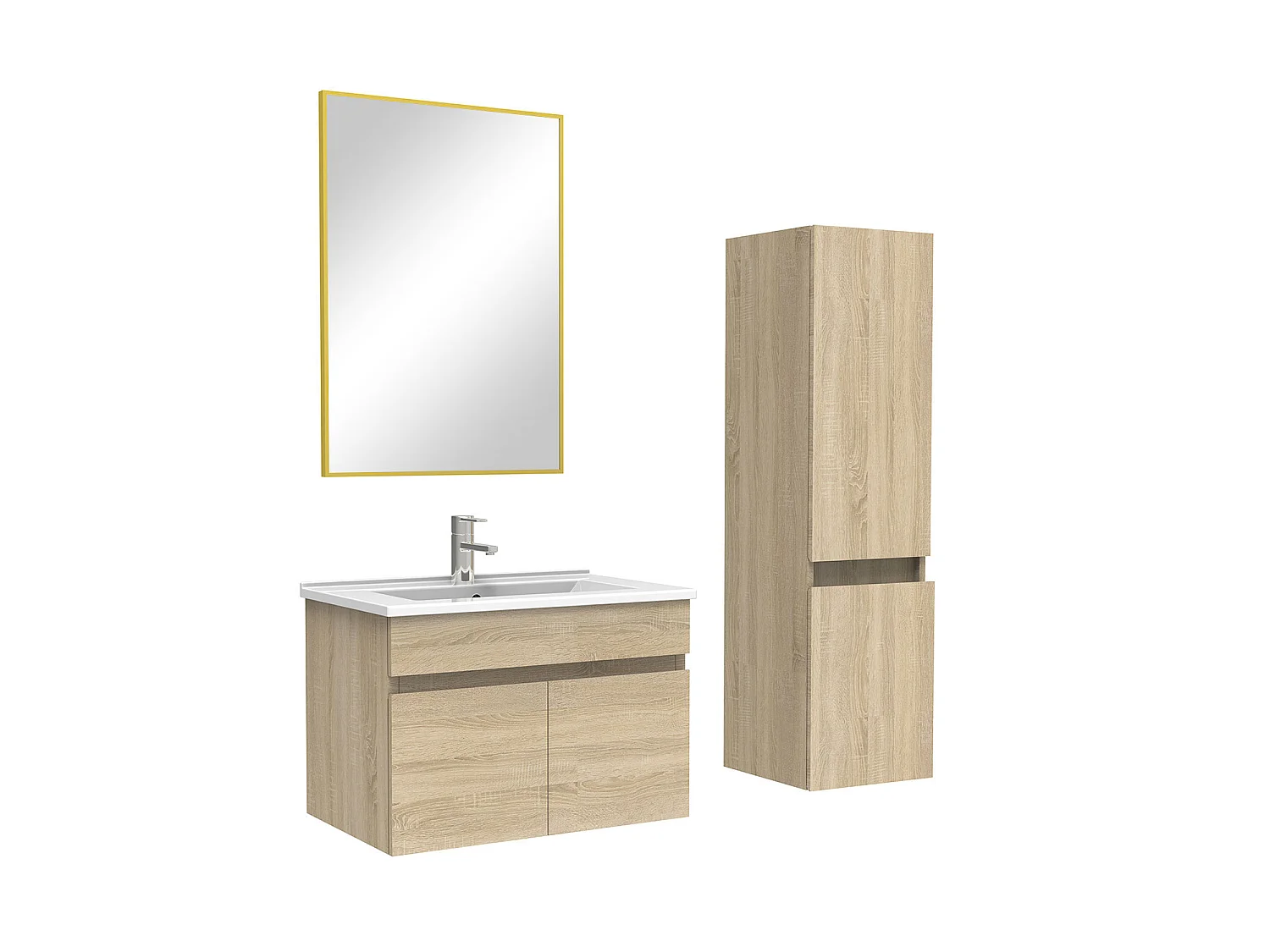 Ensemble Salle De Bain 60cm Chêne Wotan meuble et miroir et colonne et simple vasque, Aica