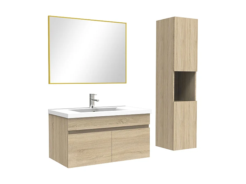 Ensemble meuble et vasque et colonne et miroir 80cm meuble salle de bain Chêne Wotan,Aica