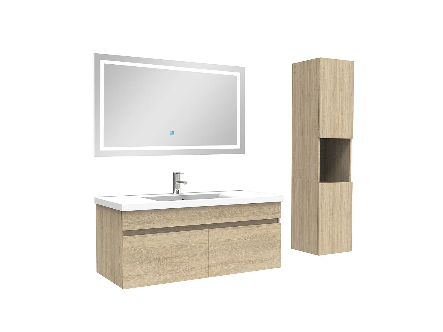 Ensemble meuble salle de bain + vasque + miroir lumineux + colonne 100cm Chêne Wotan,Aica