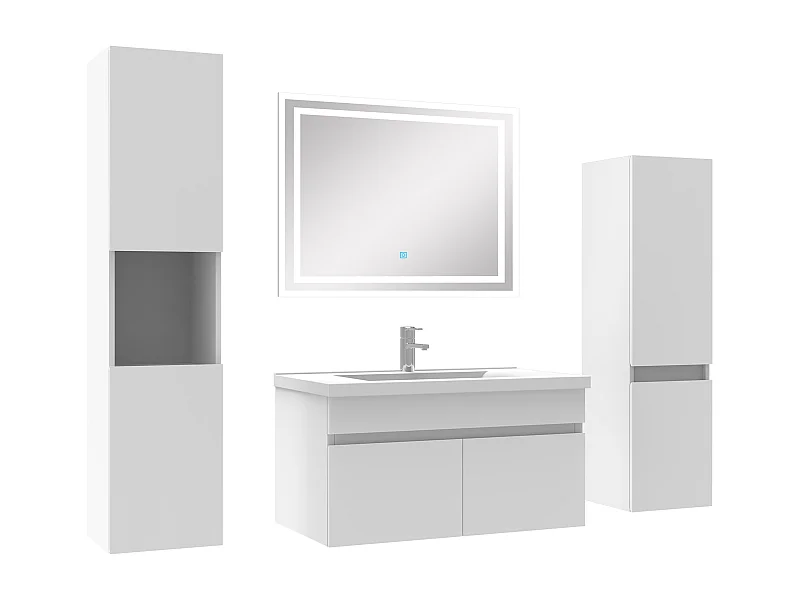 Meuble Salle de Bain Blanc 80cm simple vasque + colonne + miroir LED
