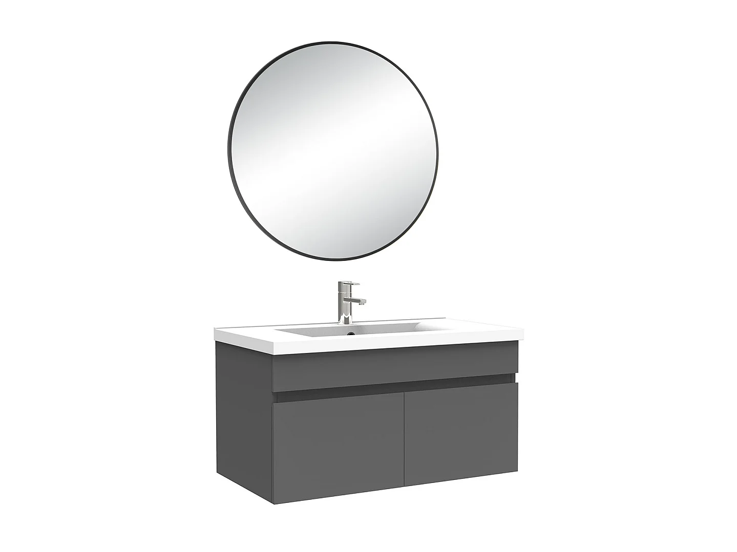 Meuble salle de bain simple vasque 80cm meuble + rond miroir Anthracite, Aica