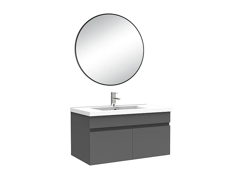 Meuble salle de bain simple vasque 80cm meuble + rond miroir Anthracite, Aica