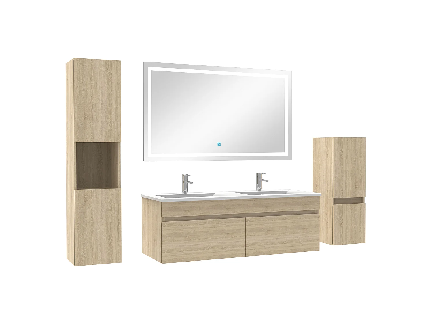 Meuble Salle de Bain 120cm double vasque + colonne + miroir LED Chêne Wotan