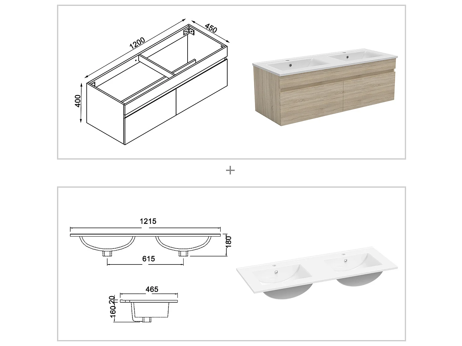 Meuble Salle de Bain 120cm double vasque + colonne + miroir LED Chêne Wotan