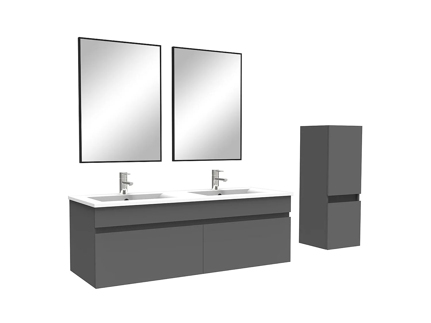 Ensemble Salle De Bain 120cm Anthracite meuble + miroir + colonne + double vasque, Aica