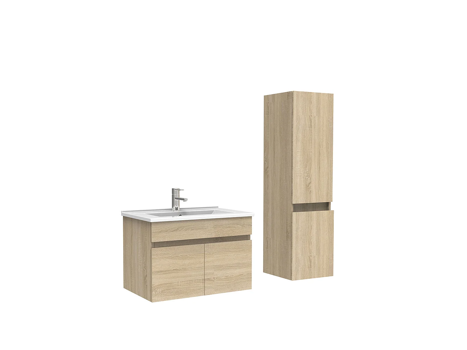 Meuble Salle de Bain avec colonne 60cm Chêne Wotan avec vasque ceramique, Aica