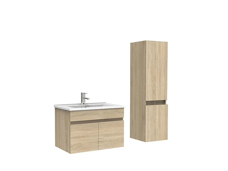 Meuble Salle de Bain avec colonne 60cm Chêne Wotan avec vasque ceramique, Aica