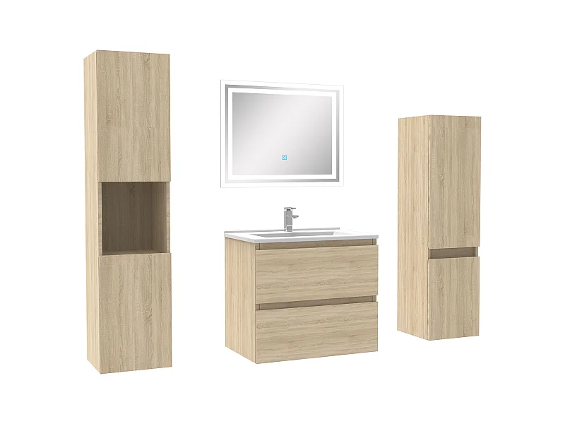 Ensemble meubles Salle de Bain 60cm vasque et colonnex2 et miroir lumineux Chêne Wotan