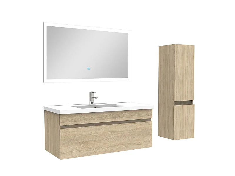 Ensemble Salle De Bain simple vasque avec colonne et miroir 100cm meuble Chêne Wotan, Aica