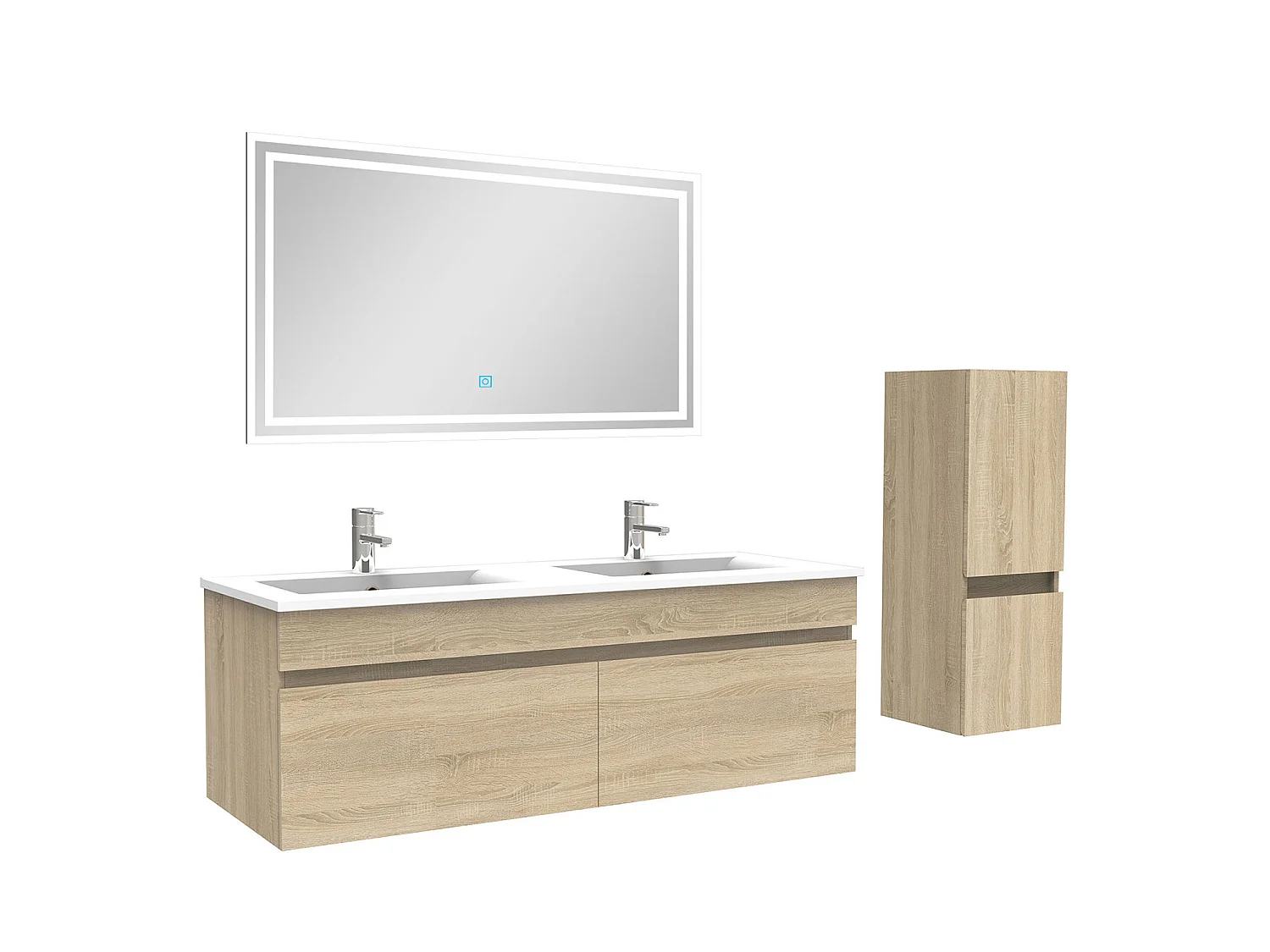 Ensemble Salle De Bain 120cm meuble Chêne Wotan avec colonne et miroir lumineux, Aica