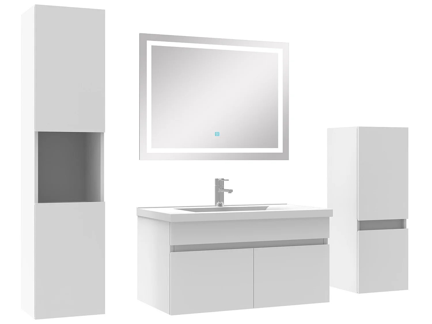 Meuble Salle de Bain 80cm simple vasque + colonne + miroir LED Blanc