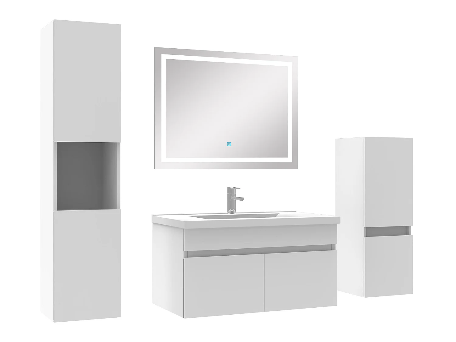 Meuble Salle de Bain 80cm simple vasque + colonne + miroir LED Blanc