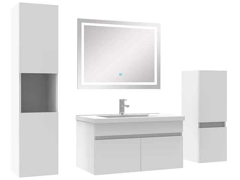 Meuble Salle de Bain 80cm simple vasque + colonne + miroir LED Blanc
