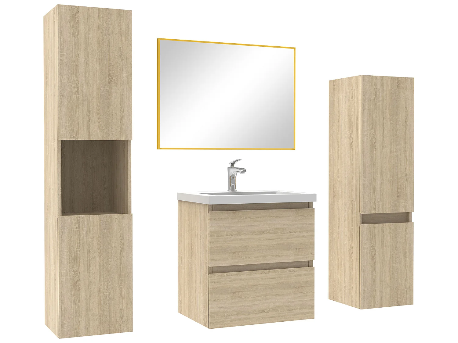 Ensemble meubles Salle de Bain 50cm vasque + colonne + miroir mural Chêne Wotan