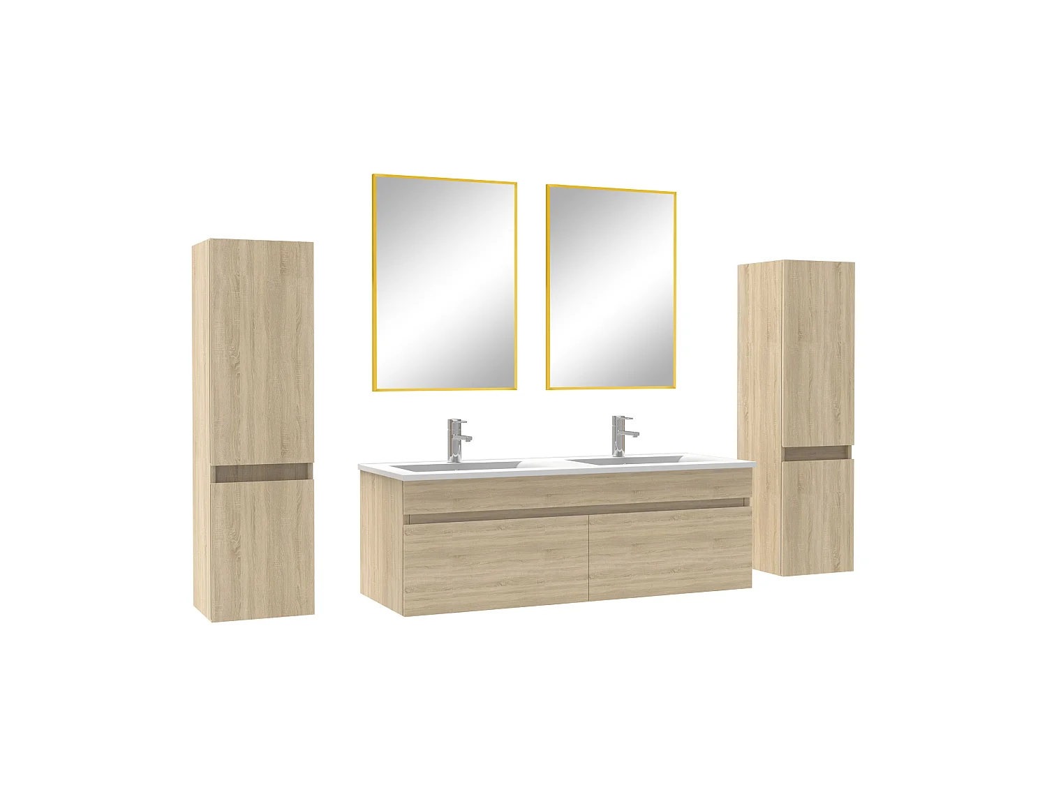 Ensemble meubles Salle de Bain 120cm double vasque avec colonne + miroir Chêne Wotan