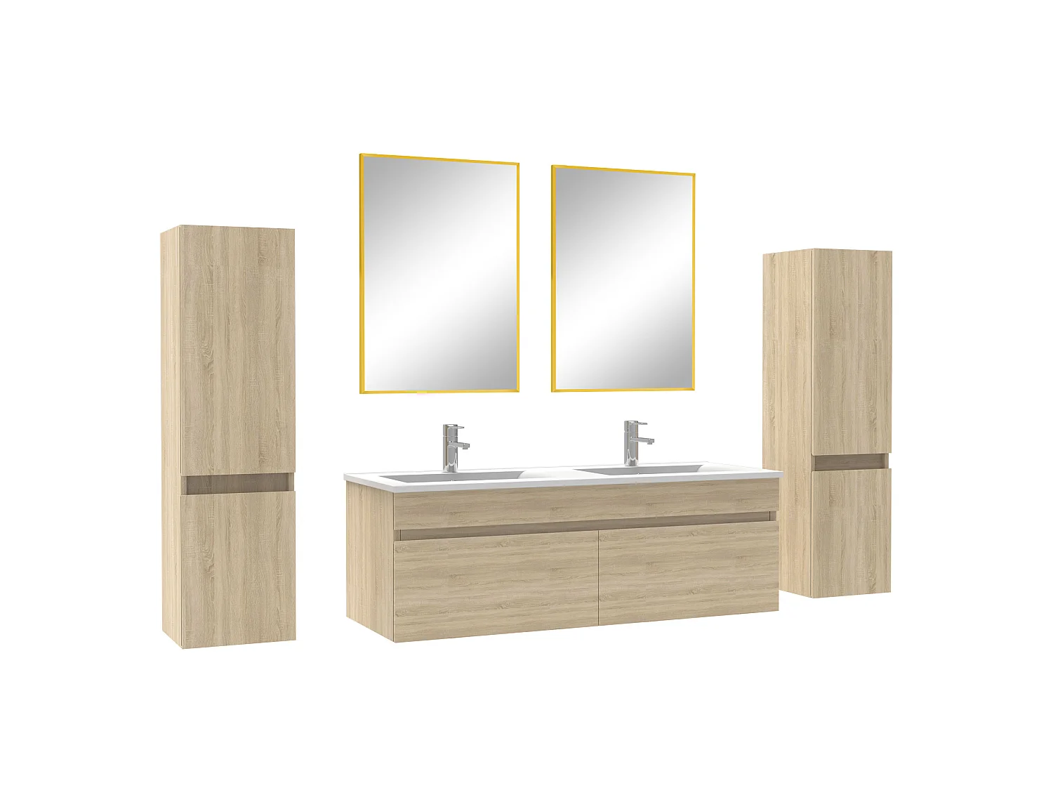 Ensemble meubles Salle de Bain 120cm double vasque avec colonne + miroir Chêne Wotan