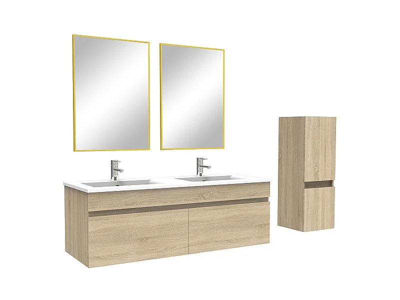 Ensemble Salle De Bain 120cm Chêne Wotan meuble + miroir + colonne + double vasque, Aica