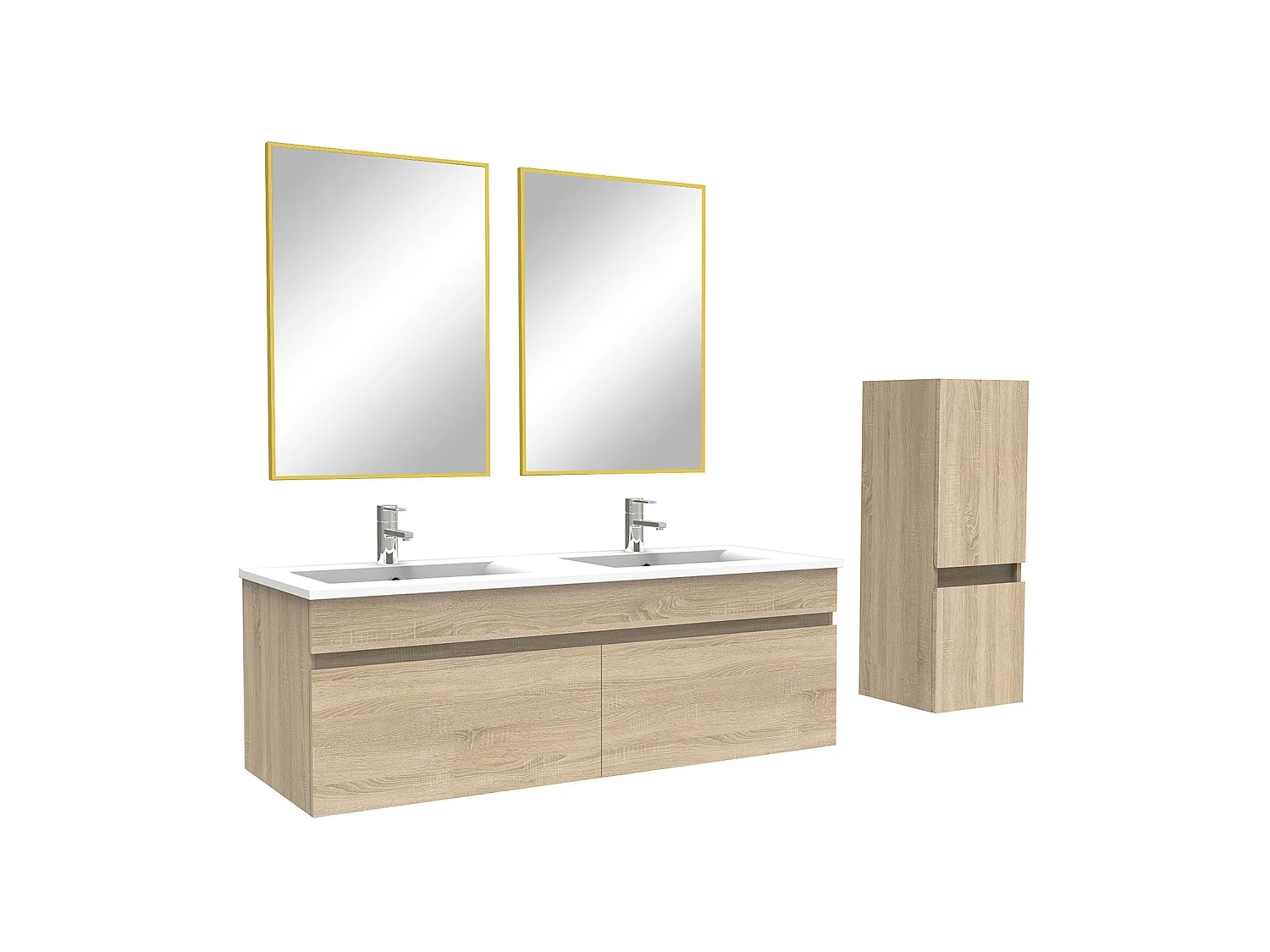 Ensemble Salle De Bain 120cm Chêne Wotan meuble + miroir + colonne + double vasque, Aica