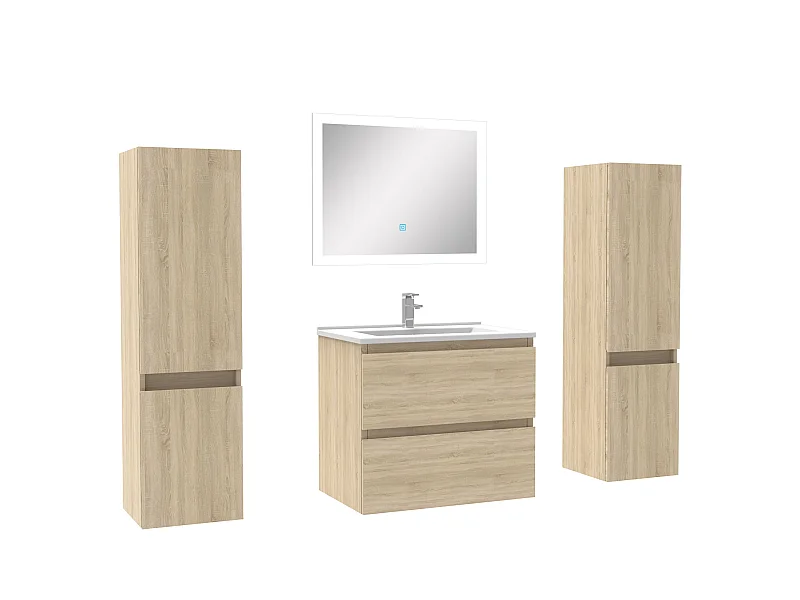 Ensemble meubles Salle de Bain 60cm vasque + colonnex2 + LED miroir Chêne Wotan