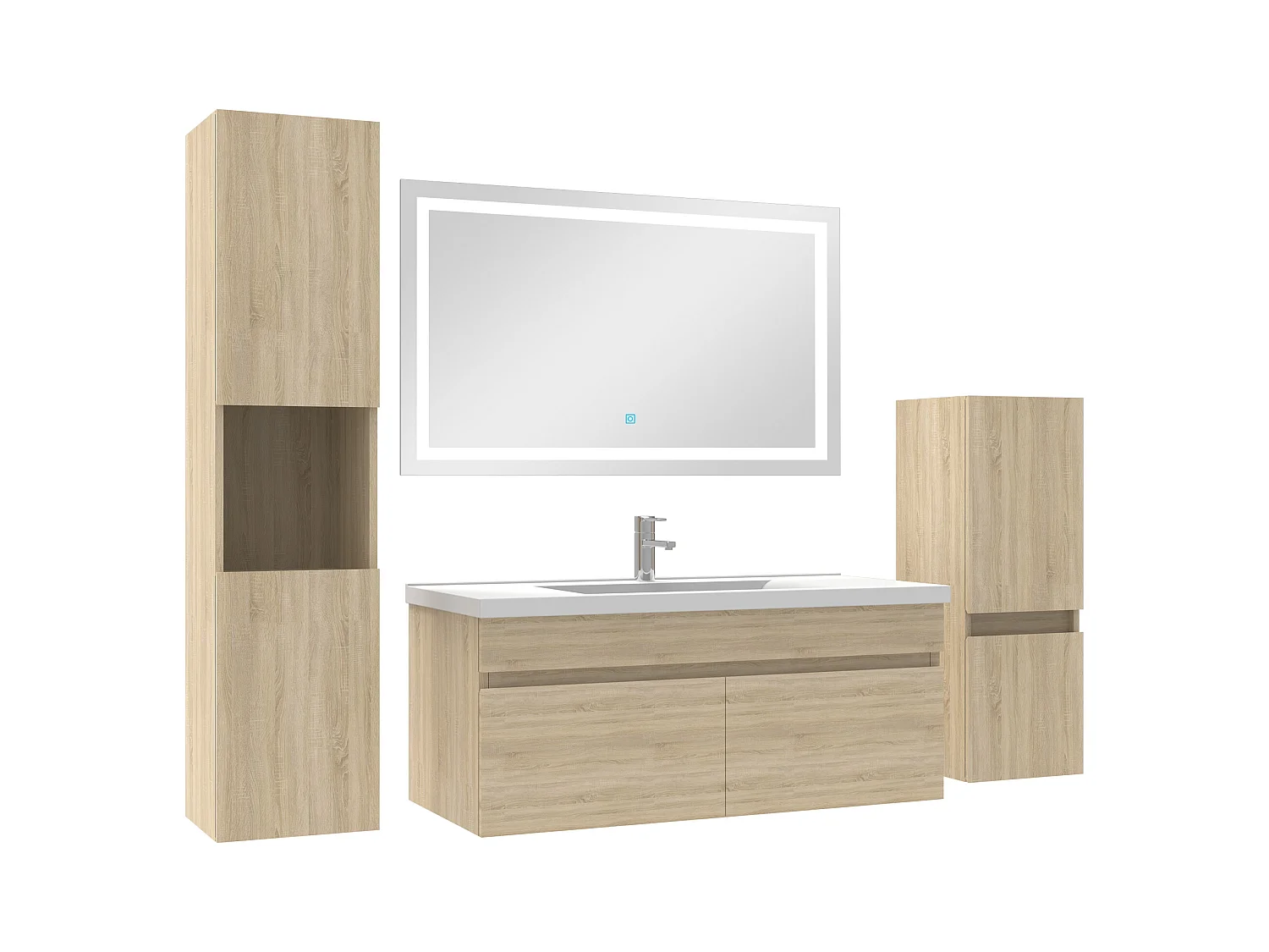 Meuble Salle de Bain 100cm simple vasque + colonne + miroir LED Chêne Wotan