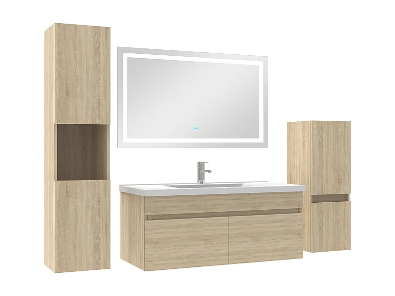 Meuble Salle de Bain 100cm simple vasque + colonne + miroir LED Chêne Wotan